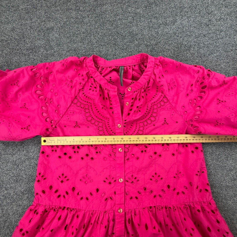 Anthropologie Hot Pink Eyelet Mini Dress Short Puff Sleeve Cotton Tiered Size L - Picture 9 of 13